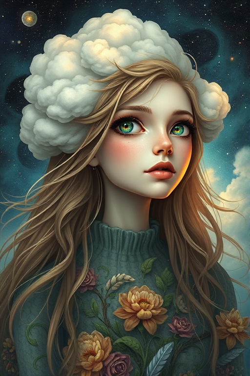 Create a series of imaginative portraits where each subject is infused with elements of fantasy and nature. The hair of the individuals should flow like clouds, varying from soft, fluffy cumulus to wispy cirrus strands, with hints of color reflecting a sunset or a clear blue sky. The eyes should be windows to entire galaxies, with stars, nebulae, and distant planets visible within them. Clothing should be adorned with nature motifs, such as floral patterns that bloom and change, vines that seem to grow and wrap around, or feathers that shimmer with iridescence. Each portrait should capture a unique personality, blending human features with the ethereal beauty of the natural and cosmic world. The backgrounds can vary, from starry night skies to enchanted forests, adding depth and context to the magical realism of the portraits