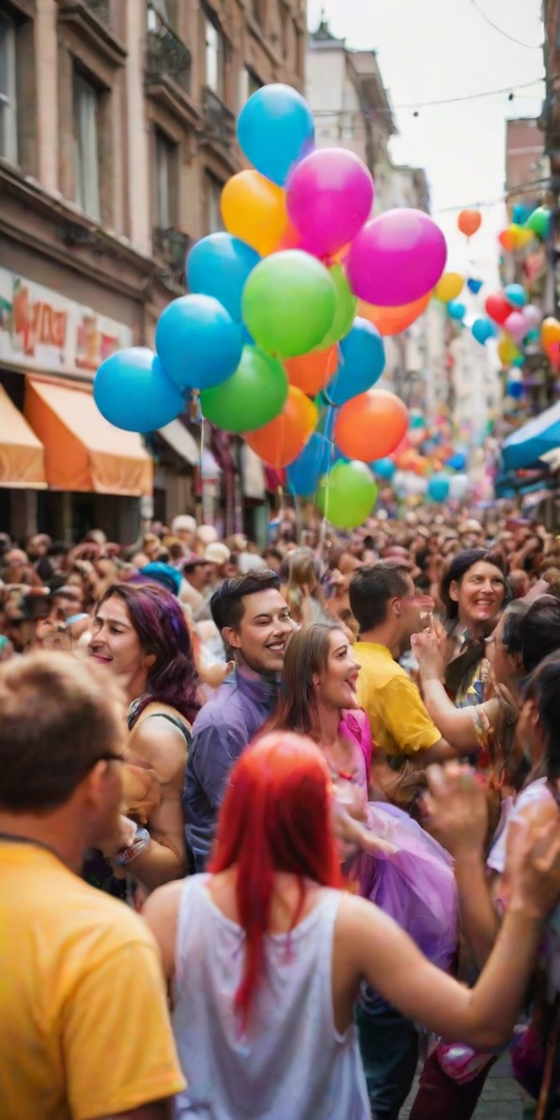 Blurry candid shot of a vibrant street festival, with performers in bright costumes dancing, colorful balloons floating above, and the joyful energy of the crowd softly captured in motion.