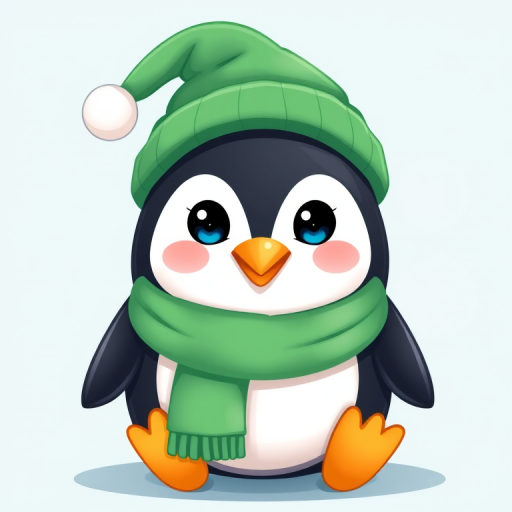 Create a digital illustration of a cute penguin wearing a green hat and scarf, front view, high resolution, using a soft focus style, at 300 DPI, with vibrant colors and smooth shading for a cartoonish effect.