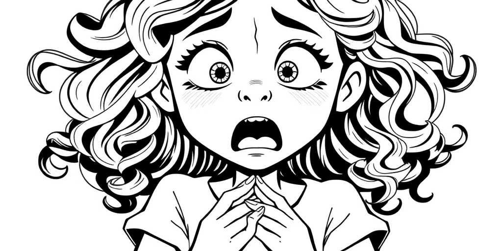 The image is a black and white illustration of a young girl with curly hair. She has a surprised expression on her face with her mouth open and her hands clasped together in front of her chest. Her eyes are wide and her eyebrows are furrowed. Her hair is styled in loose curls that are cascading down her back. The overall mood of the image is one of shock or surprise.