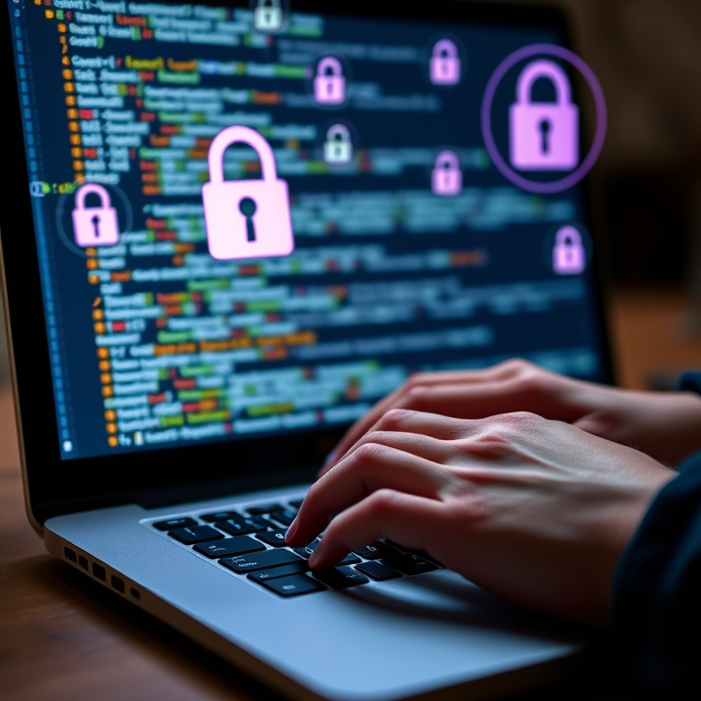 Close-up of hands typing on a laptop with code on the screen, digital lock icons floating around, focus on the laptop, shallow depth of field, ISO 100, f/1.8, 1/60 sec, 50mm lens, shot with a DSLR camera.
