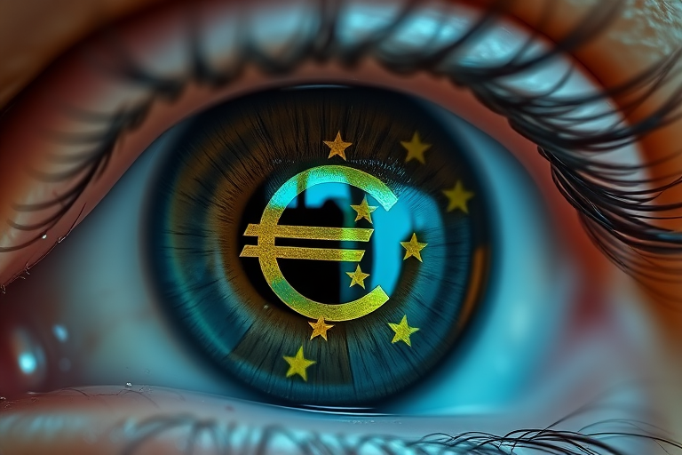 capture a close-up of a human eye reflecting the euro symbol and stars with high detail, 50mm lens, f/1.8 aperture, ISO 100, natural light, macro photography