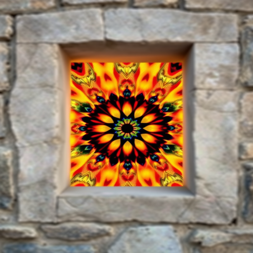 Create a high-resolution image of a colorful abstract pattern within a stone-framed window, captured with a DSLR camera at f/8 aperture, 1/125 sec shutter speed, ISO 100, in a vibrant and saturated style, with a focus on texture and depth.