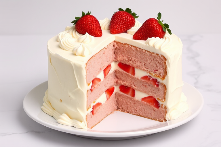 A beautifully decorated three-layer strawberry cake with whipped cream frosting and fresh strawberries on top with a slice cut out to show the inside layers filled with strawberries and cream on a white plate against a light marble background.