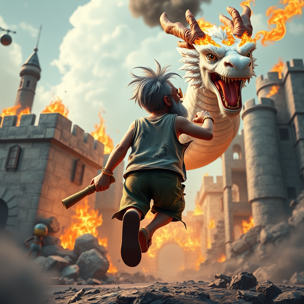 Cartoon 3D High-Resolution,dynamic battle scene using Unreal Engine 5 and Octane Render. The scene features back of an elderly, thai man with a beard,messy hair and round golden-rimmed glasses. He is wearing a tattered tank top with soot marks, shorts, and sandals. sweating. he wields a baseball bat. He jump to fight with a white fire-breathing Europe dragon amidst a partially destroyed stone castle. Include intense flames, smoke, and debris to enhance the dramatic effect.