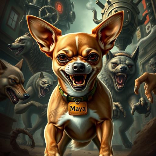 "Create a highly detailed and realistic image of a short-haired Chihuahua named Maya in an extremely fierce and enraged warrior pose. She is battling a pack of wolves and an alien creature, fighting for her life and the life of her owner. The Chihuahua should have a wild and aggressive appearance, with bared teeth and fierce eyes, showcasing her determination despite the overwhelming odds. She should have a distinct white patch on her chest, while the rest of her fur should be brown. A large tag with the name 'Maya' should be prominently displayed around her neck. The background should feature a sci-fi and steampunk style, filled with futuristic mechanical elements and Victorian technology, blending an urban landscape with fantastical details such as gears and steam."