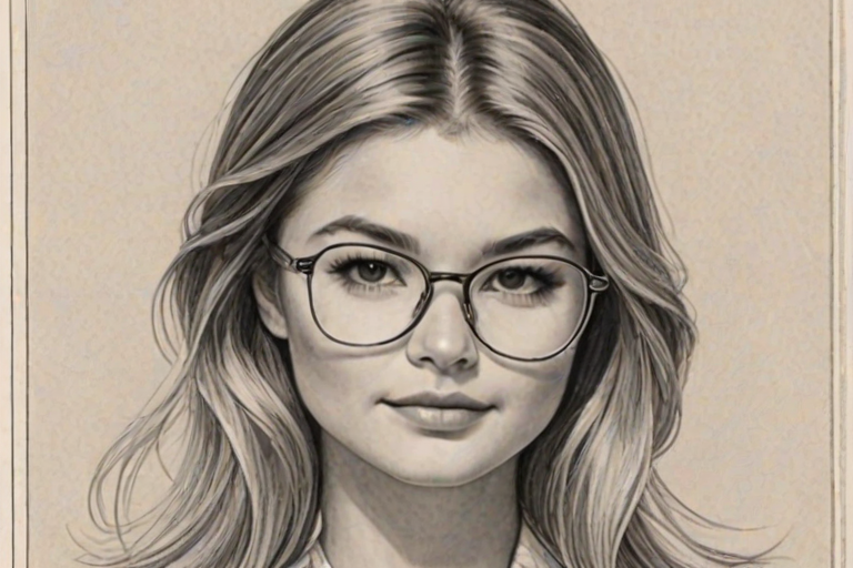 Attractive Stefanie Scott, pencil sketch, portrait of Stunning woman 1970s in glasses, hair style beatnik, outline, clear lines, fine lines, 8k
