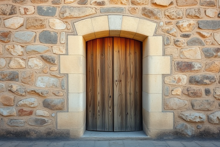 Capture a rustic wooden door against an ancient stone wall, use a Canon EOS R5, aperture f/8, ISO 100, shutter speed 1/125, wide-angle view, high dynamic range style to enhance details and textures.
