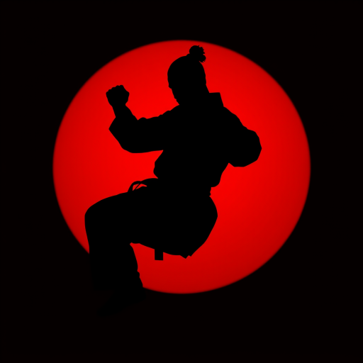 A silhouette of a martial artist in a dynamic pose against a bold red circle background, captured with a DSLR camera at f/2.8, ISO 100, 1/500s, in a portrait view, using a wide-angle lens for dramatic perspective.