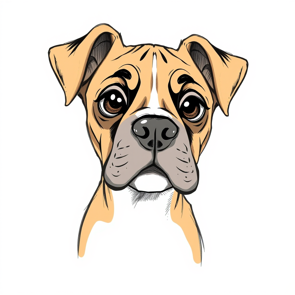 A doodle style pencil sketch illustration of a beautiful young Boxer dog, with large eyes and exaggerated facial features. White background