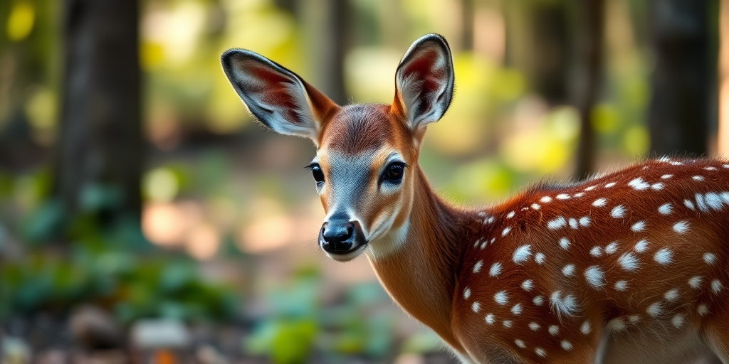 A fawn in a forest setting, captured with a DSLR camera at 50mm focal length, aperture f/2.8, ISO 200, in natural light with a shallow depth of field, showcasing detailed fur and soft background bokeh.