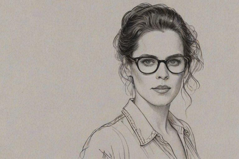 Attractive Ione Skye, pencil sketch, portrait of Graceful woman 1976s in glasses, hair style beatnik, outline, clear lines, fine lines, 8k