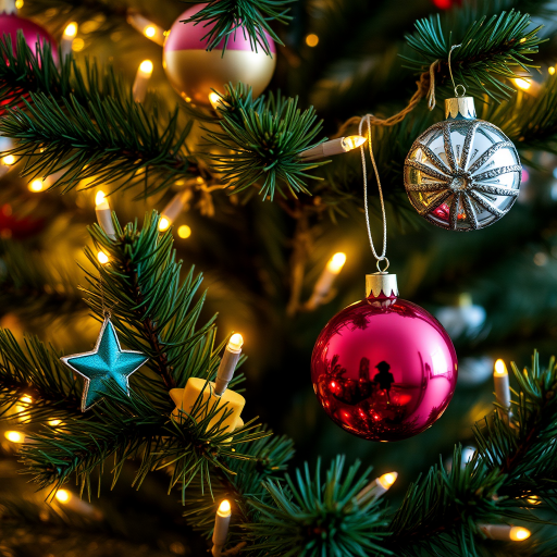 Create a cozy and festive image of a Christmas tree adorned with colorful ornaments and twinkling lights. Focus on the warm glow of the lights reflecting off the ornaments, with a rich green backdrop of pine needles. Capture the essence of holiday cheer and warmth.