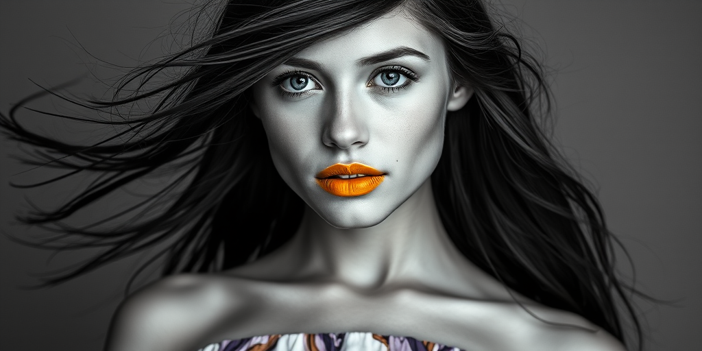 Photographic image of a beautiful young First Nations woman, blue eyes, lips with Yellow lipstick, long hair fluttering in the wind and wearing a silk strapless dress with a soft purple and orange print. monochrome image with only color highlights in the iris of the eyes, lipstick and dress. Gray background.