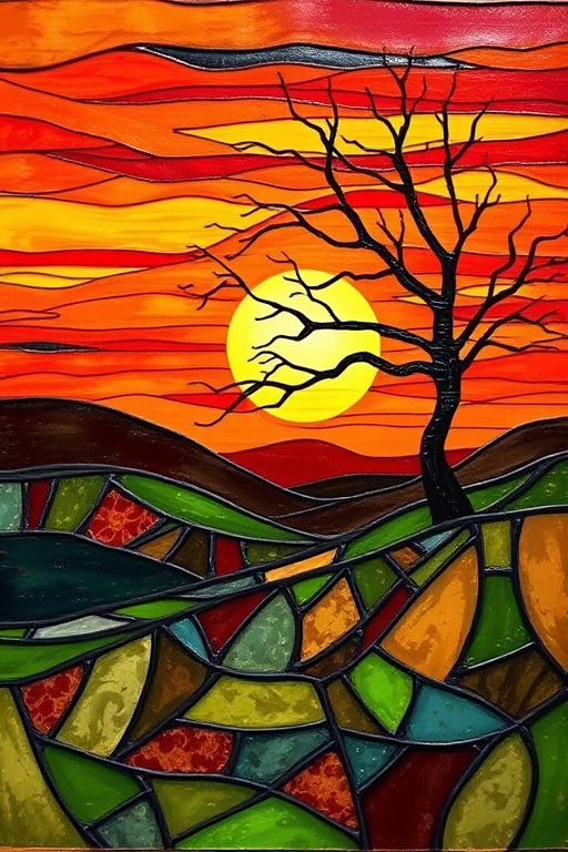 A vibrant abstract painting on Tiffany Glass, blending acrylic and alcohol ink techniques, captures a dramatic sunset over rolling hills. The artwork features a textured, rocky foreground in green and brown, layered abstract hills, and a striking sunset in rich oranges, yellows, and reds. A solitary black tree with intricate branches contrasts against the fiery sky, creating a dynamic and expressive portrayal of a breathtaking natural scene.