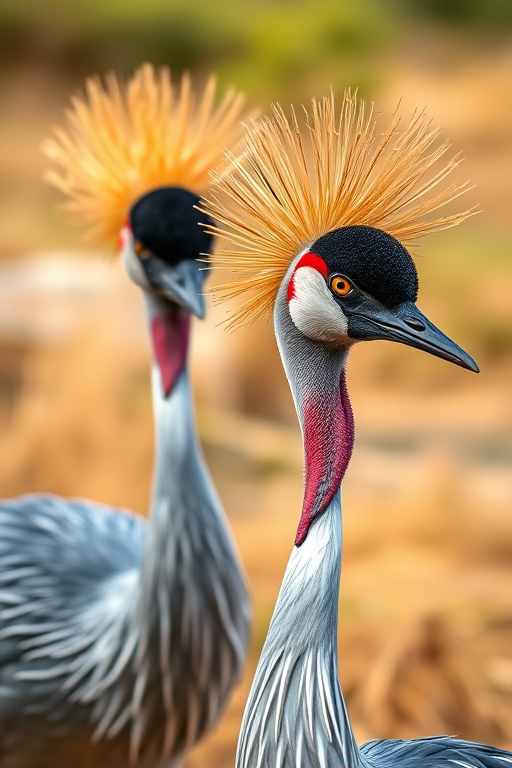 Capture a close-up shot of two crowned cranes with vibrant plumage in a natural setting, using a DSLR camera with a 50mm lens, aperture f/2.8 for a shallow depth of field, ISO 200 for optimal light capture, and a soft focus background to enhance the details of the birds and their environment.