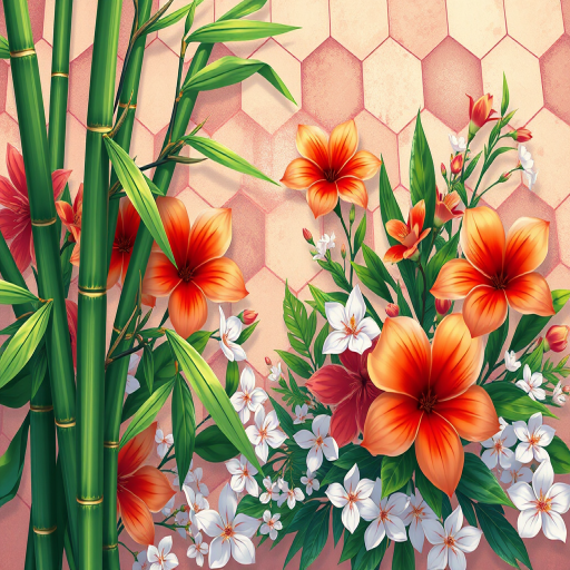 Create a vibrant illustration of a floral arrangement with hexagonal patterns in the background, focusing on green bamboo, orange and red flowers, and white blossoms, using a high-resolution digital art style, camera settings: ISO 100, aperture f/8, shutter speed 1/250, camera view: top-down perspective, camera type: digital SLR.