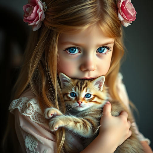 A close-up portrait of a young girl with long blonde hair holding a fluffy kitten, wearing a delicate dress with lace details and a floral hair accessory, soft dramatic lighting, shallow depth of field, 85mm f/1.4 lens, ISO 100, natural light, vintage photography style, focus on the girl's striking blue eyes and the kitten's fur texture.