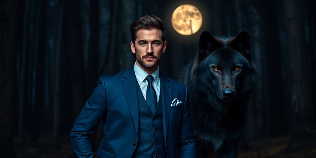 Regenerate a portrait of a handsome man in a tailored blue suit standing confidently in a dark forest next to a large black wolf, with a full moon illuminating the scene, using a Canon EOS R5 camera, 50mm lens, f/1.8 aperture, ISO 200, and a soft focus technique to enhance detail and clarity.