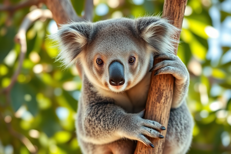 Capture a high-resolution close-up of a koala perched on a tree branch, with a shallow depth of field to blur the background foliage for a softer look, using a DSLR camera with a 50mm lens at f/2.8, ISO 200, and shutter speed of 1/200 sec, in natural light to enhance the texture of the koala's fur and the details of the bark.