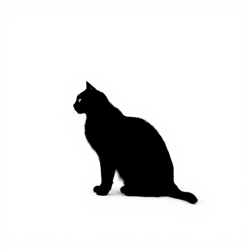 Capture a high-resolution image of a minimalistic black silhouette of a cat sitting against a white background, using a DSLR camera with a 50mm lens, aperture f/2.8, ISO 100, and a soft diffused lighting setup for enhanced clarity and detail.