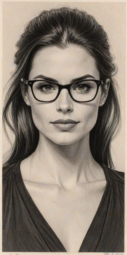 Superb Meghan Ory, pencil sketch, portrait of Exquisite woman 1973s in glasses, hair style beatnik, outline, clear lines, fine lines, 8k