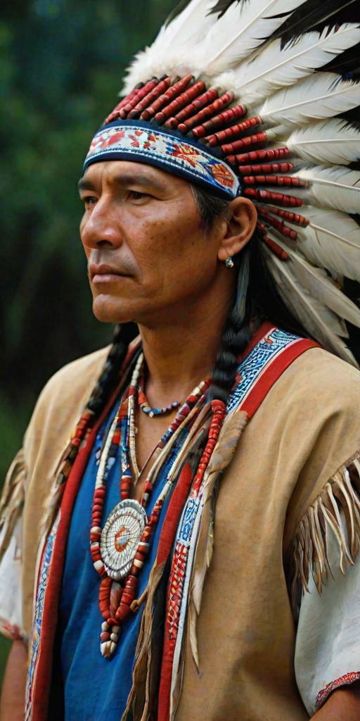 Create a dignified portrait of a Native American man dressed in traditional attire. He wears a beautifully crafted headdress adorned with white feathers and red beads, along with a beaded headband featuring intricate patterns. His clothing includes a deep blue, patterned shirt and a traditional chest piece with detailed beadwork. His arms are crossed, displaying leather armbands decorated with feathers. The background is simple and neutral, emphasizing his proud and stoic expression. The overall image captures the rich cultural heritage and strength of his persona.