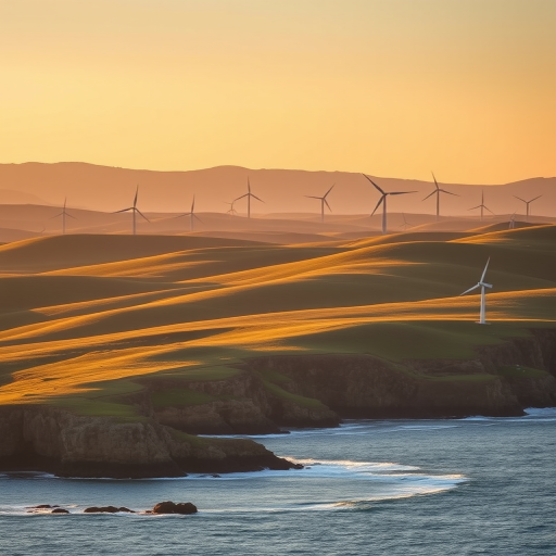 Landscape photo of a coastal view with rolling hills and wind turbines in the background, taken with a Canon EOS 5D Mark IV, 24mm lens, f/8 aperture, ISO 100, at golden hour for enhanced lighting and vibrant colors.