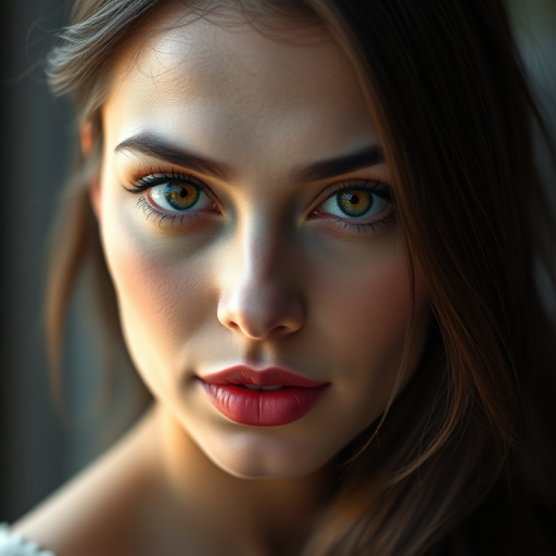 Generate a high-resolution digital portrait of a woman with dark hair and light skin, focusing on her striking features and bright eyes, using a Canon EOS R5 with an 85mm f/1.2 lens, set at ISO 100, aperture f/1.8, and shutter speed 1/200s, in a soft natural light setting.