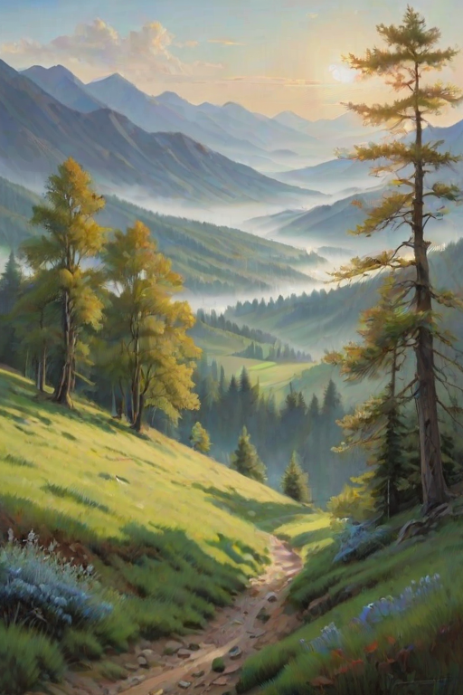 A tranquil and mysterious landscape painting, with vibrant trees in the foreground whose branches stretch towards the sky, echoing distant mountains. Rolling hills emerge through mist, varying in shapes from sharp to gentle, scattered throughout the scene. The overall color scheme is cool-toned, with a blue-gray sky contrasting against light green vegetation. Light streams in from the left side, adding depth and dimension to the painting, making mountain outlines clearer and the mist more ethereal. This poetic natural scenery showcases the majesty of nature, creating a serene and profound atmosphere through detailed handling and color application.