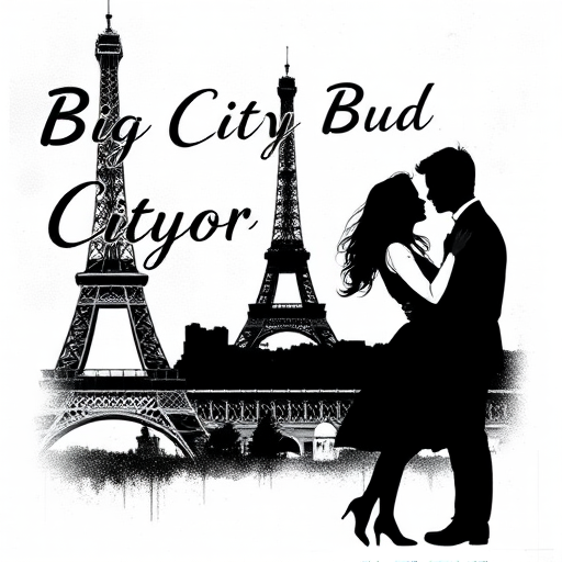 Create a high-contrast black and white graphic illustration featuring a couple in an embrace beside the Eiffel Tower, with the text "Big City Lover" in a bold, stylish font, using a DSLR camera with an f-stop of 2.8 for a shallow depth of field, a 50mm lens for close-up details, and shot from a slightly elevated angle to capture the full composition against a textured background.