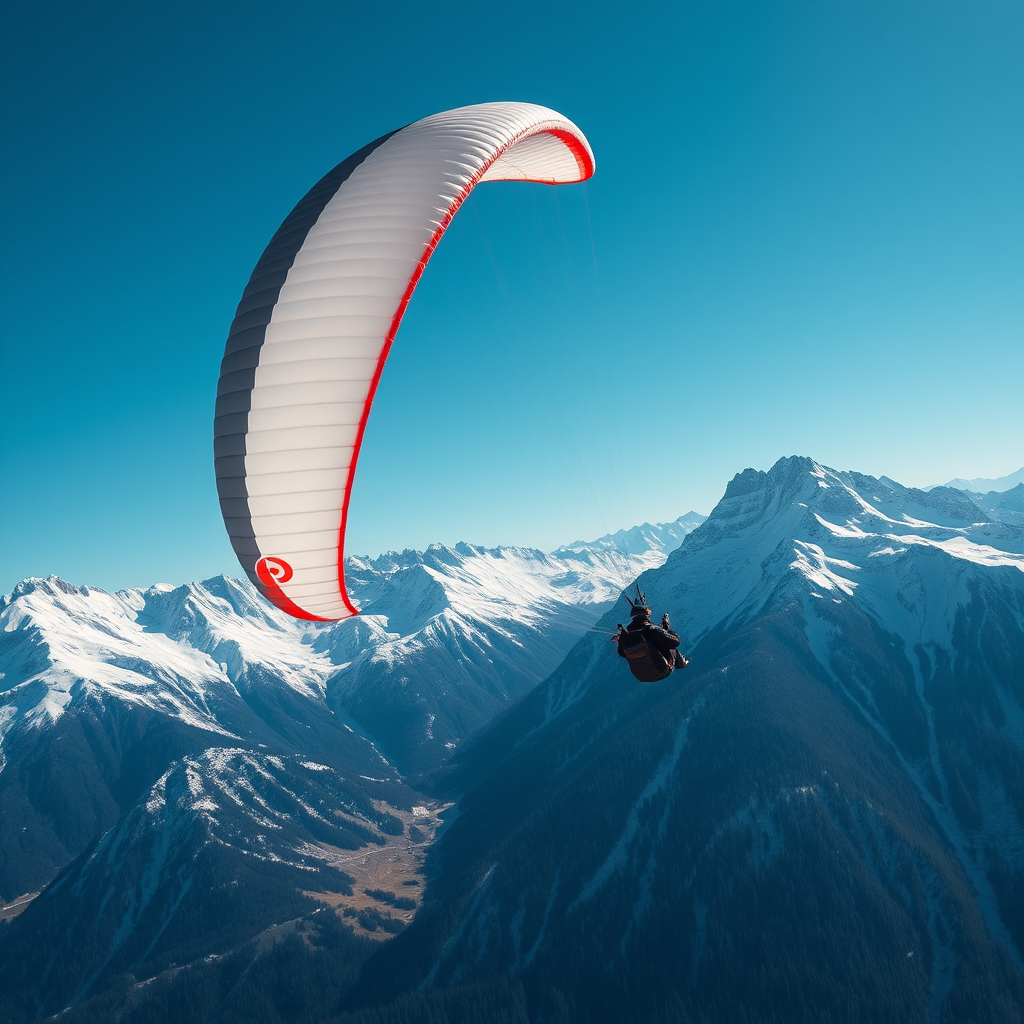 Generate a high-resolution image of a paraglider soaring against a backdrop of snow-capped mountains under a clear blue sky, using a DSLR camera with a 24mm lens, f/8 aperture, ISO 100, and a wide-angle perspective to enhance detail and depth.