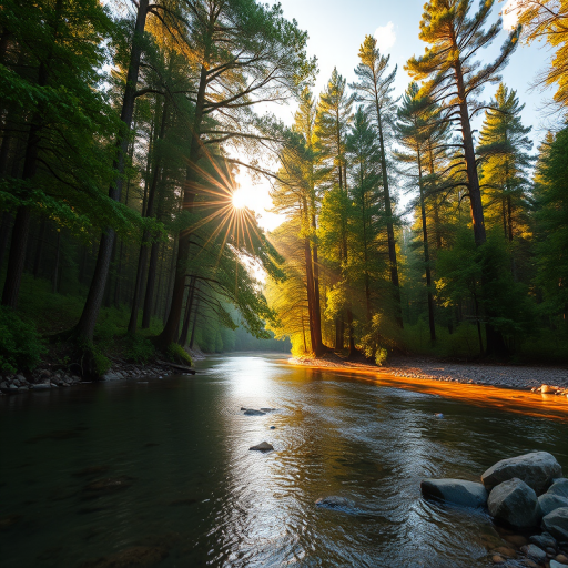Create an image of a serene, sunlit forest scene with a clear, gently flowing river. Tall trees with lush green foliage line both sides of the river, their leaves bathed in the warm golden light of the setting or rising sun. The sunlight filters through the trees, casting soft, dappled light on the river, which flows over smooth rocks and pebbles, creating a peaceful, natural atmosphere. The sky is bright with a few scattered clouds, and the overall mood is tranquil, evoking a deep sense of connection with nature. The image captures the beauty of a calm, pristine forest landscape at either dawn or dusk.