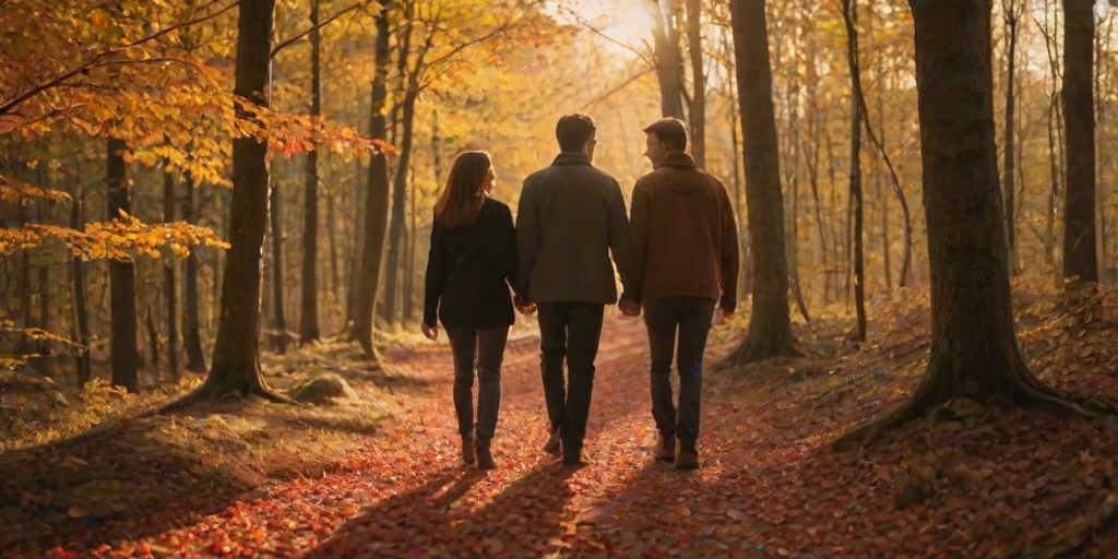 Warm, softly lit photo of a couple walking hand-in-hand along a forest path in autumn, vibrant red and orange leaves covering the ground, with soft golden sunlight filtering through the trees.