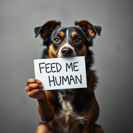 dog holding a note which says "FEED ME HUMAN"