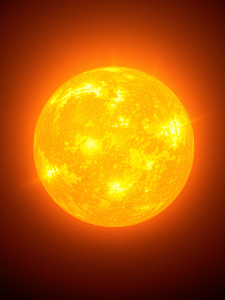 Create a realistic illustration of the sun with vibrant yellow and orange colors, using a Canon EOS R5 camera, 50mm lens, f/8 aperture, 1/1000 sec shutter speed, and ISO 100, focusing on a clear and bright depiction of solar textures.