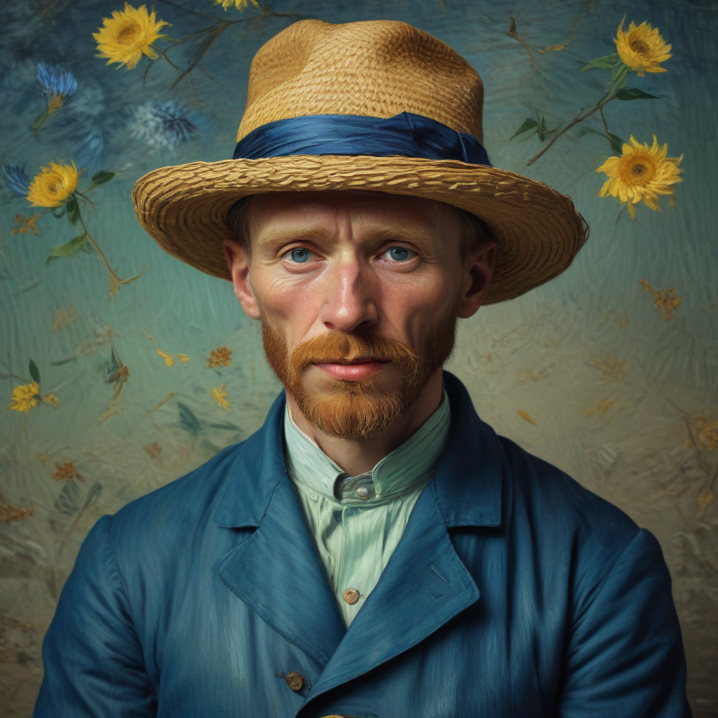 Portrait of a Bearded Man in a Straw Hat Surrounded by Flowers
