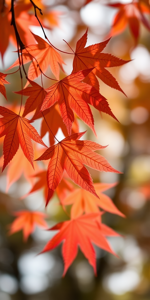 Capture a serene scene of maple leaves with soft bokeh background, using a Canon EOS R5, 50mm lens, aperture f/2.8, shutter speed 1/200s, ISO 100, in natural light for a dreamy, high-quality effect.