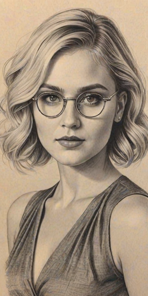 Bewitching Eliza Taylor, pencil sketch, portrait of Beauteous woman 1934s in glasses, hair style beatnik, outline, clear lines, fine lines, 8k