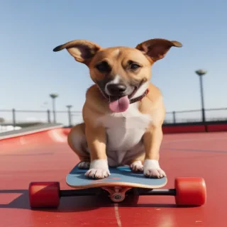 an image of a dog on a red skateboard