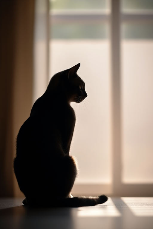Generate a high-resolution image of a silhouette of a cat sitting gracefully, using a Canon EOS R5 camera, 50mm lens, aperture f/1.8, ISO 100, natural lighting, with a soft focus background for depth.