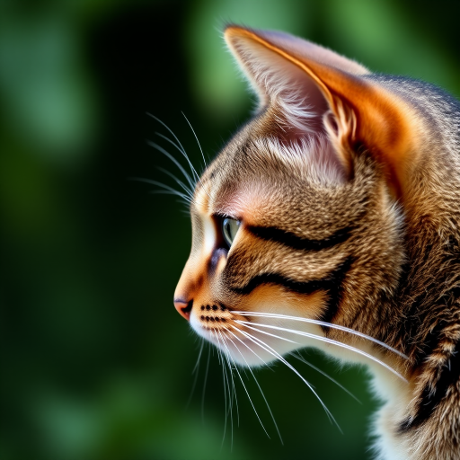 A close-up shot of a tabby cat's profile with a blurred green background, using a DSLR camera with a 50mm lens, f/1.8 aperture, 1/200s shutter speed, and ISO 200 for enhanced detail and depth of field.