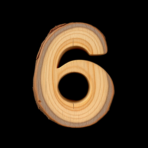 Create an image of the number 6 carved out of rustic wood with a textured surface, using a macro lens at f/2.8, ISO 100, shutter speed 1/100s, positioned at eye level against a black background.