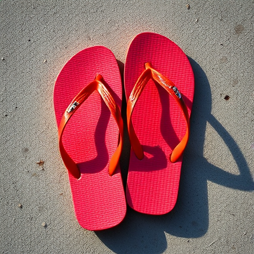 Create a hyper-realistic image of a pair of flip flops with a textured surface in vibrant red and black colors, using a DSLR camera with a 50mm lens at f/1.8, 1/125 sec shutter speed, and ISO 100, captured from a high-angle view with soft natural lighting to enhance the details and colors.