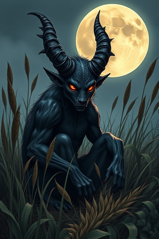 Create a detailed illustration of a dark, horned creature with glowing orange eyes sitting among tall grass and foliage, a large moon in the background, use a Canon EOS R5 with a 50mm lens, aperture f/1.8, ISO 100, natural lighting, focus on texture and color vibrancy.