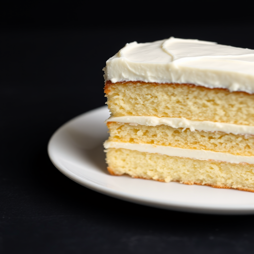 A slice of vanilla cake with white frosting on a white plate showcasing a moist texture and layers of frosting between the cake layers, with a simple and elegant presentation on a dark background.