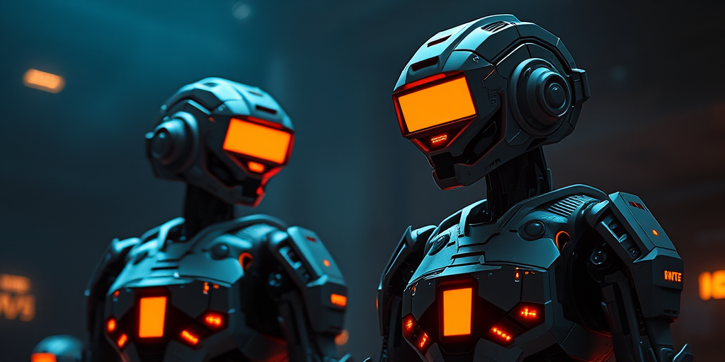Create a high-resolution image of two futuristic robotic sentinels in a dimly lit, sci-fi environment with glowing orange screens, captured with a 50mm lens at f/1.8, ISO 100, and a shutter speed of 1/125 seconds using a DSLR camera in a slightly elevated angle for a dramatic effect.