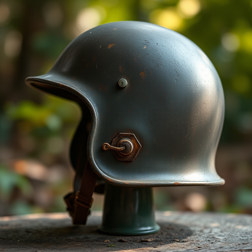 Regenerate a high-resolution side view of a vintage military helmet with detailed textures, using a DSLR camera at f/8 aperture, 50mm lens, ISO 100, natural lighting, and a soft focus background to enhance clarity.