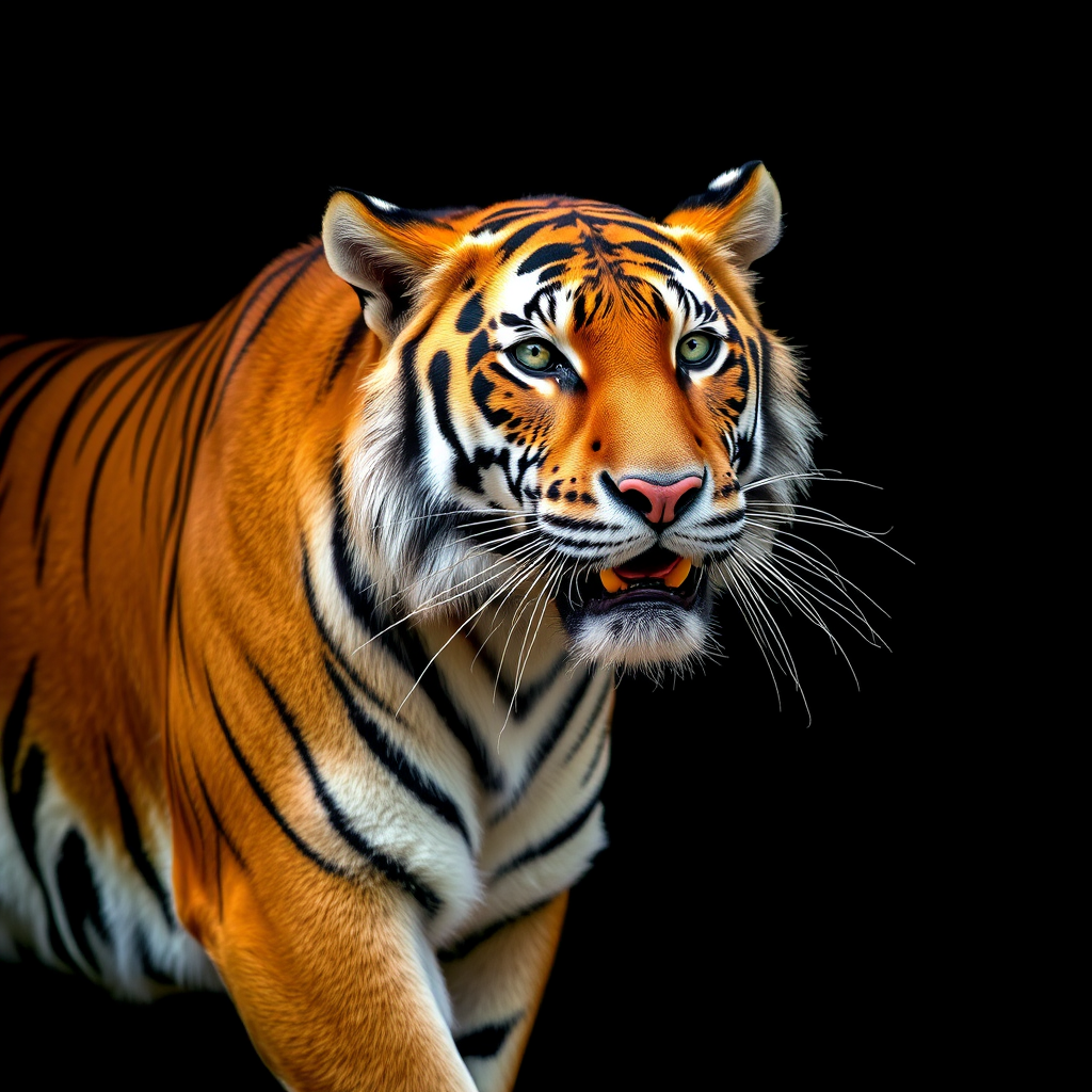 Create a high-resolution image of a tiger in a dramatic pose against a dark background, using a DSLR camera with an aperture of f/2.8, ISO 200, shutter speed of 1/500s, shot from a low angle with a shallow depth of field for a vibrant focus on the tiger's face and fur texture.
