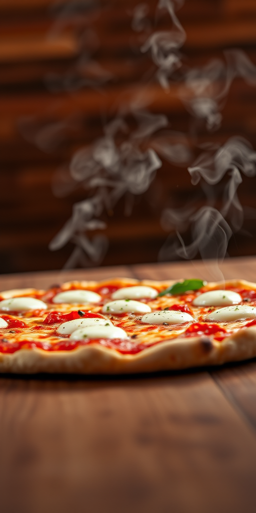 A freshly baked pizza with mozzarella cheese and steam rising, placed on a wooden table, shot with a Canon EOS R5 at f/2.8, ISO 100, 1/200s, using a 50mm lens from a low angle to enhance depth and focus on the pizza.